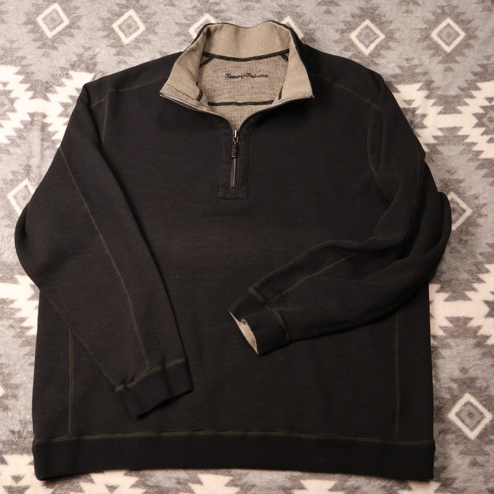 Tommy Bahama Reversible Quarter Zip Pullover Black Grey Mens XL D1